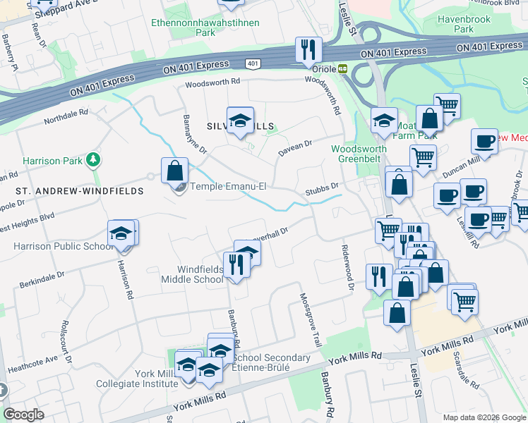 map of restaurants, bars, coffee shops, grocery stores, and more near 32 Bobwhite Crescent in Toronto