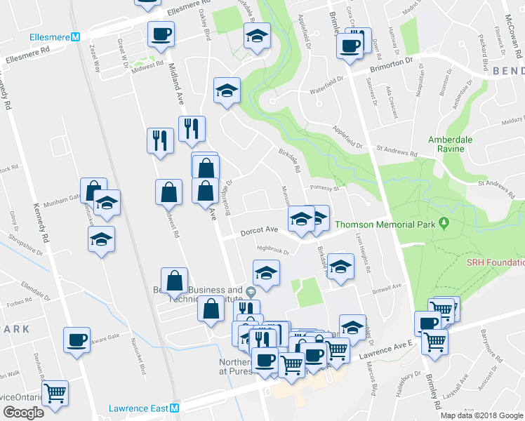 map of restaurants, bars, coffee shops, grocery stores, and more near 19 Lesterwood Crescent in Toronto