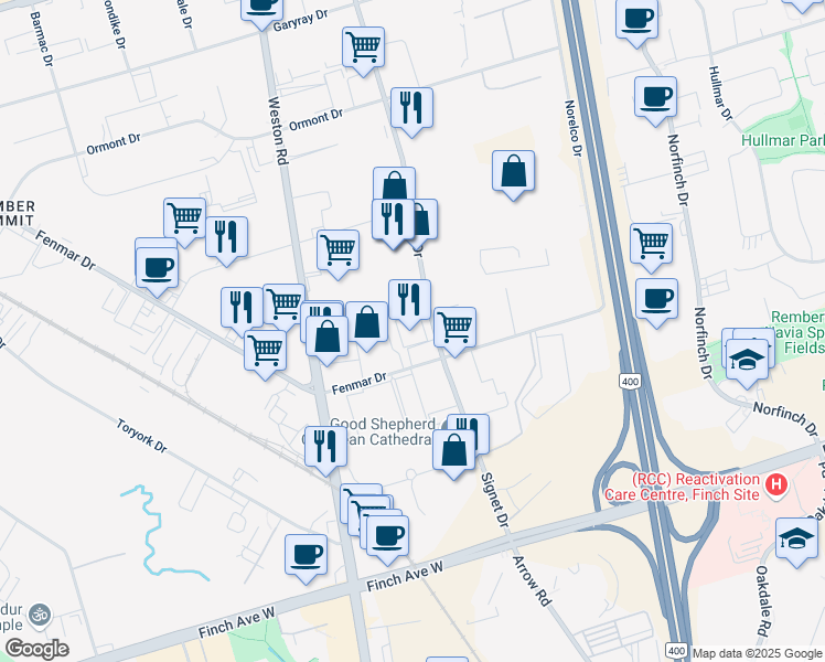 map of restaurants, bars, coffee shops, grocery stores, and more near in Toronto