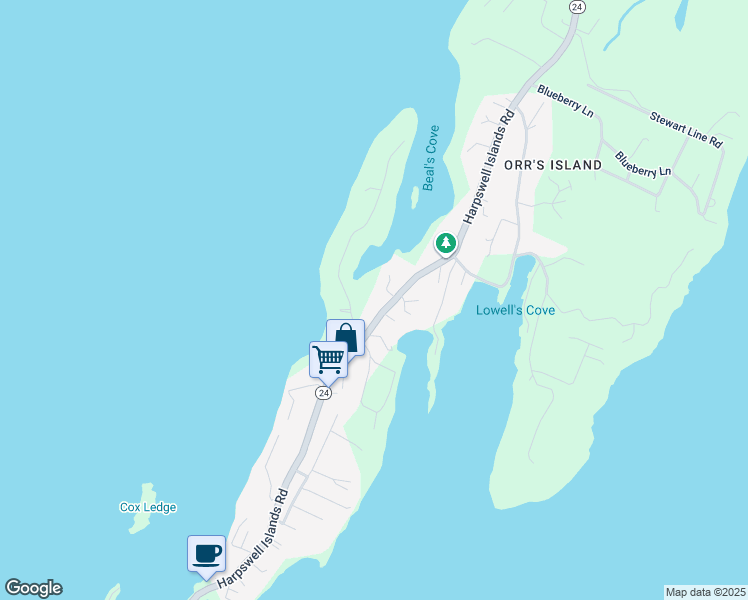 map of restaurants, bars, coffee shops, grocery stores, and more near 18 Leeman Road in Harpswell