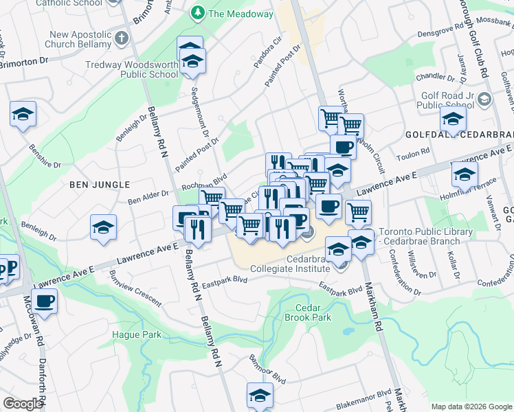 map of restaurants, bars, coffee shops, grocery stores, and more near 45 Greenbrae Circuit in Toronto