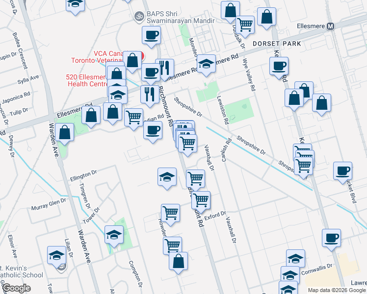 map of restaurants, bars, coffee shops, grocery stores, and more near 1519 Birchmount Road in Toronto