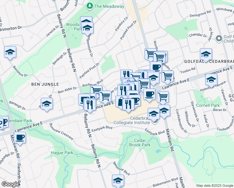 map of restaurants, bars, coffee shops, grocery stores, and more near 68 Greenbrae Circuit in Toronto