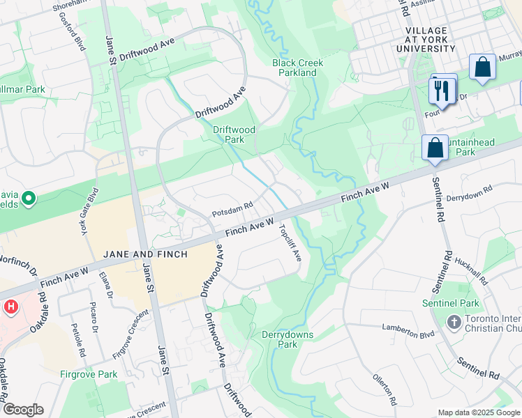 map of restaurants, bars, coffee shops, grocery stores, and more near 21 Potsdam Road in Toronto