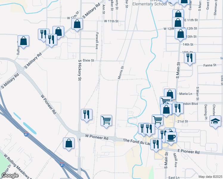 map of restaurants, bars, coffee shops, grocery stores, and more near 736 Morris Street in Fond du Lac