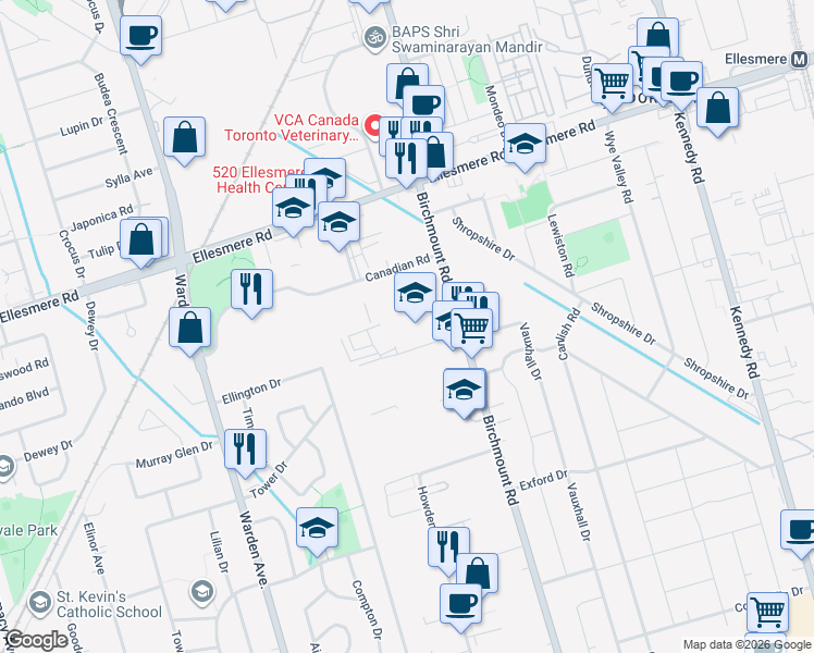 map of restaurants, bars, coffee shops, grocery stores, and more near 1530 Birchmount Road in Toronto