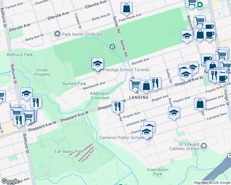 map of restaurants, bars, coffee shops, grocery stores, and more near 15 Brentwood Avenue in Toronto