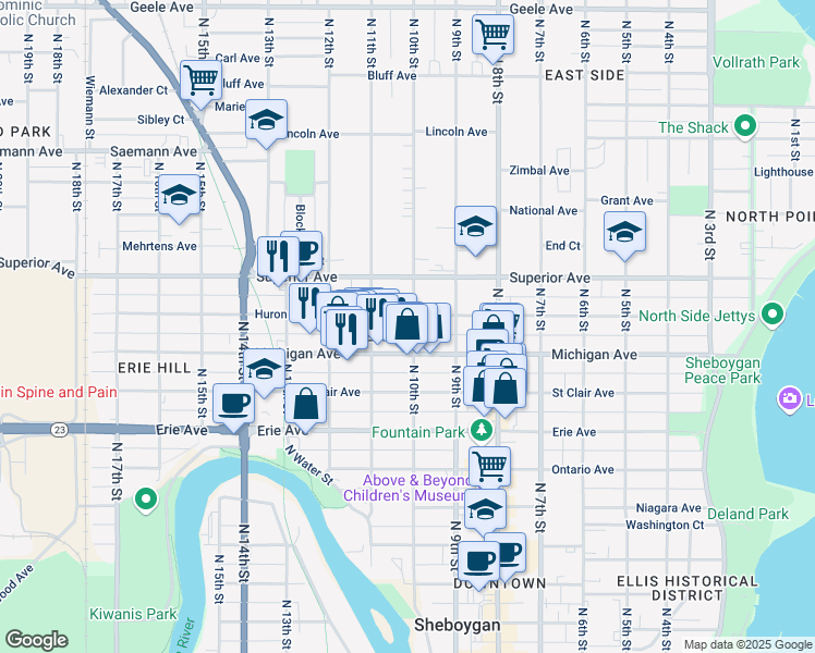 map of restaurants, bars, coffee shops, grocery stores, and more near 1326 North 10th Street in Sheboygan