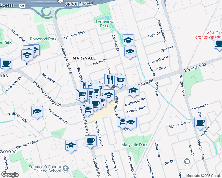 map of restaurants, bars, coffee shops, grocery stores, and more near 80 Ellesmere Road in Toronto