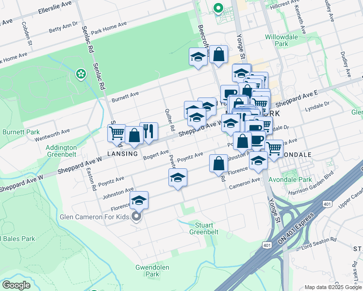 map of restaurants, bars, coffee shops, grocery stores, and more near Bogert Avenue in Toronto