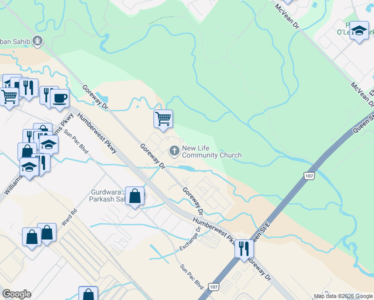map of restaurants, bars, coffee shops, grocery stores, and more near 45 Yorkland Boulevard in Brampton