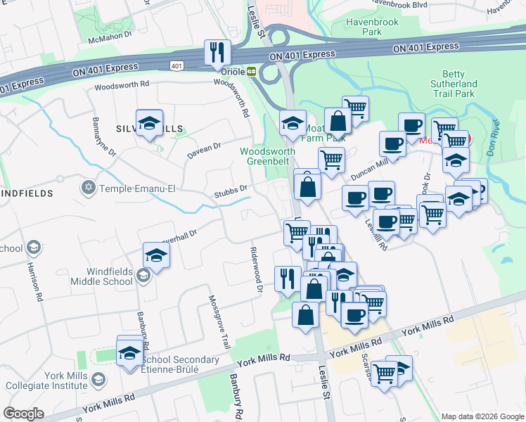 map of restaurants, bars, coffee shops, grocery stores, and more near 8 Elliotwood Court in Toronto