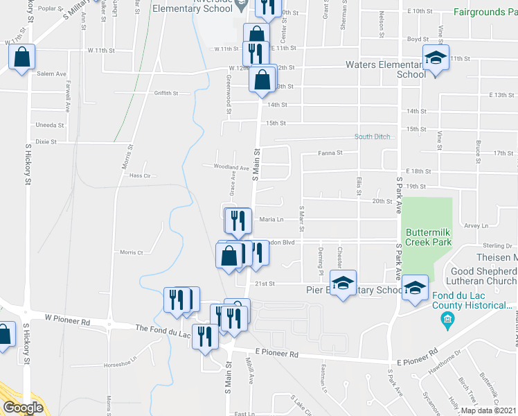 map of restaurants, bars, coffee shops, grocery stores, and more near 713 South Main Street in Fond du Lac