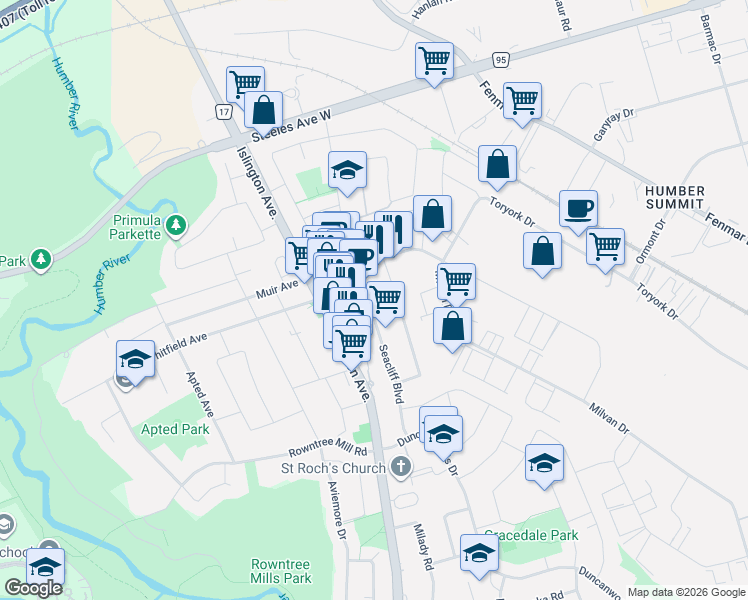map of restaurants, bars, coffee shops, grocery stores, and more near 109 Elnathan Crescent in Toronto