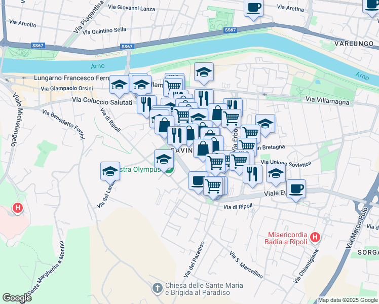 map of restaurants, bars, coffee shops, grocery stores, and more near 49 Via del Bandino in Firenze