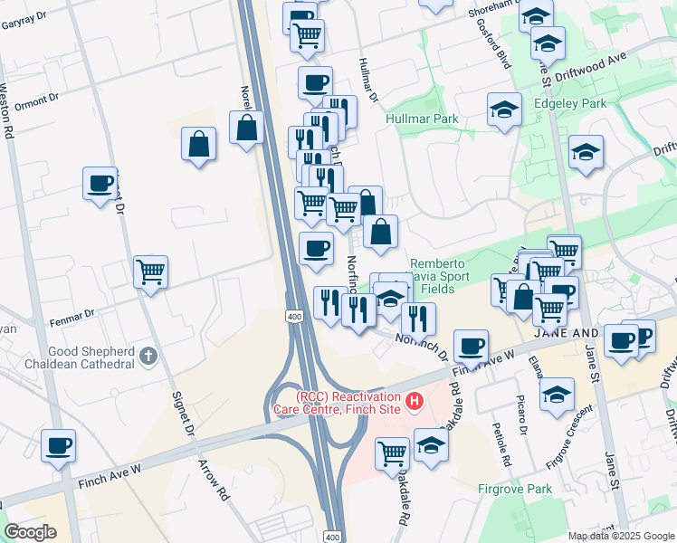 map of restaurants, bars, coffee shops, grocery stores, and more near 100 Norfinch Drive in Toronto