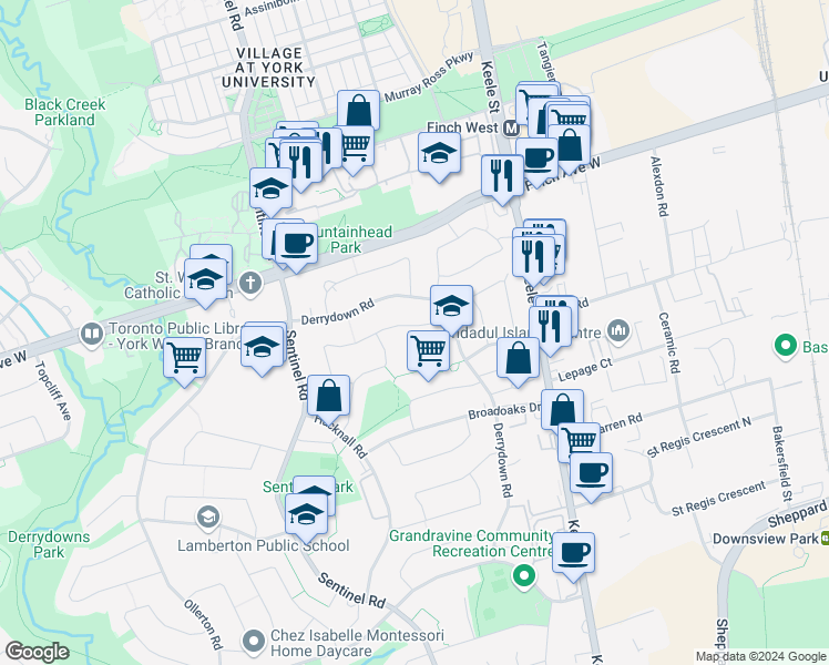 map of restaurants, bars, coffee shops, grocery stores, and more near in Toronto