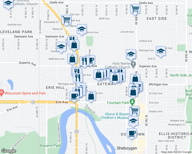 map of restaurants, bars, coffee shops, grocery stores, and more near 1207 Huron Avenue in Sheboygan
