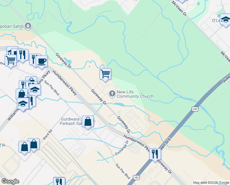 map of restaurants, bars, coffee shops, grocery stores, and more near in Brampton