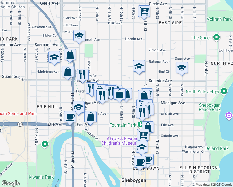 map of restaurants, bars, coffee shops, grocery stores, and more near 1013 Huron Avenue in Sheboygan