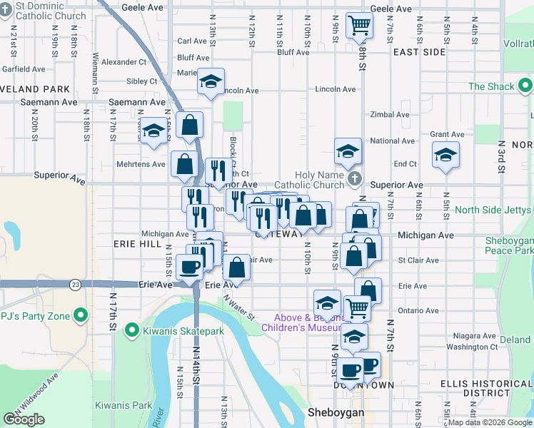 map of restaurants, bars, coffee shops, grocery stores, and more near 1117 Huron Avenue in Sheboygan