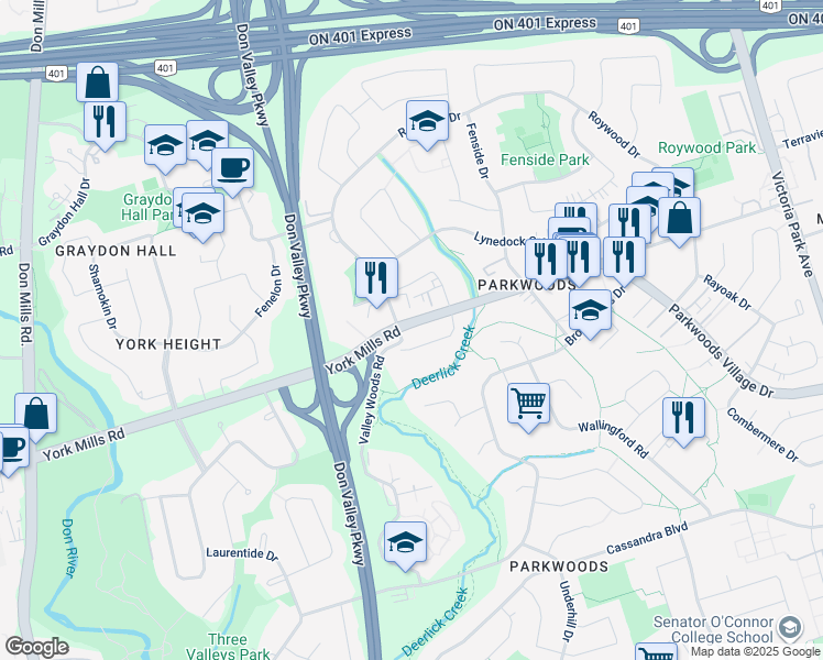 map of restaurants, bars, coffee shops, grocery stores, and more near 1215 York Mills Road in Toronto