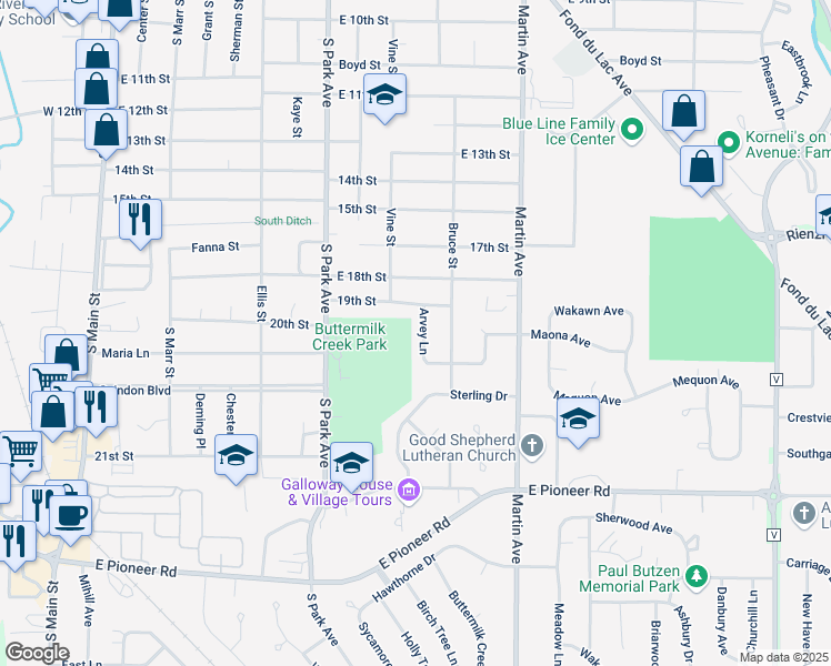 map of restaurants, bars, coffee shops, grocery stores, and more near 32 Arvey Lane in Fond du Lac