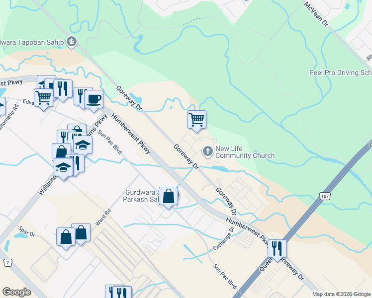 map of restaurants, bars, coffee shops, grocery stores, and more near 1 Ferndown Crescent in Brampton
