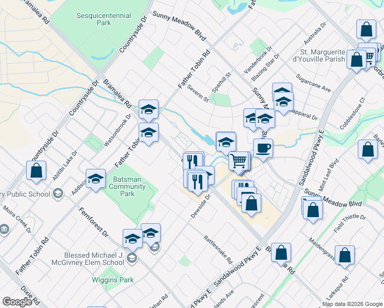 map of restaurants, bars, coffee shops, grocery stores, and more near in Brampton