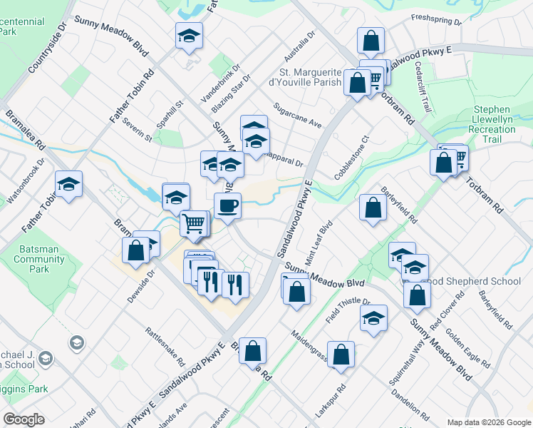 map of restaurants, bars, coffee shops, grocery stores, and more near 14 Blackcherry Lane in Brampton