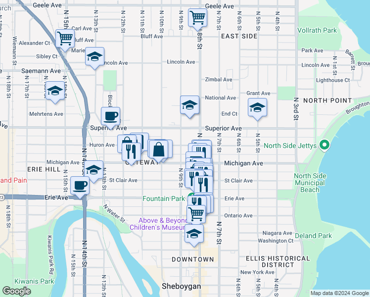 map of restaurants, bars, coffee shops, grocery stores, and more near 835 Huron Ave in Sheboygan