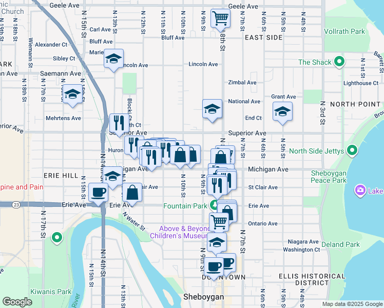 map of restaurants, bars, coffee shops, grocery stores, and more near 919 Huron Avenue in Sheboygan