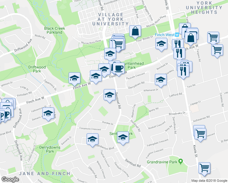 map of restaurants, bars, coffee shops, grocery stores, and more near 196 Derrydown Road in Toronto