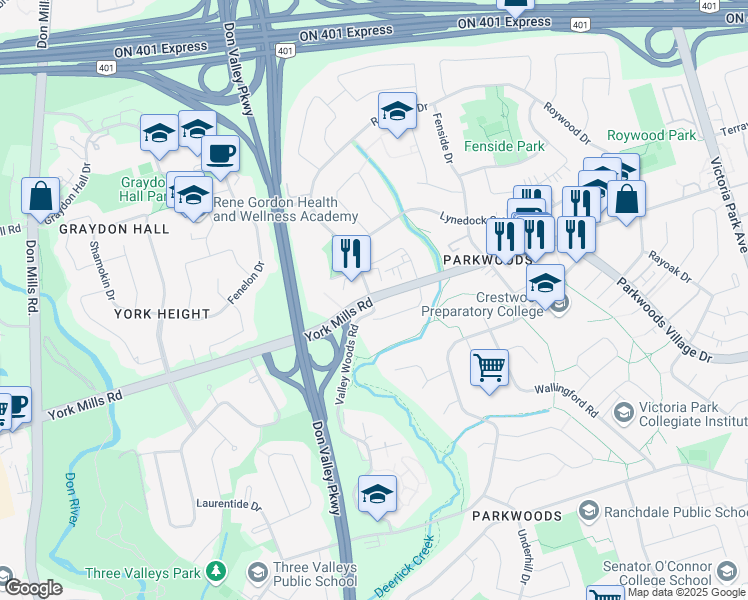 map of restaurants, bars, coffee shops, grocery stores, and more near 1229 York Mills Road in Toronto