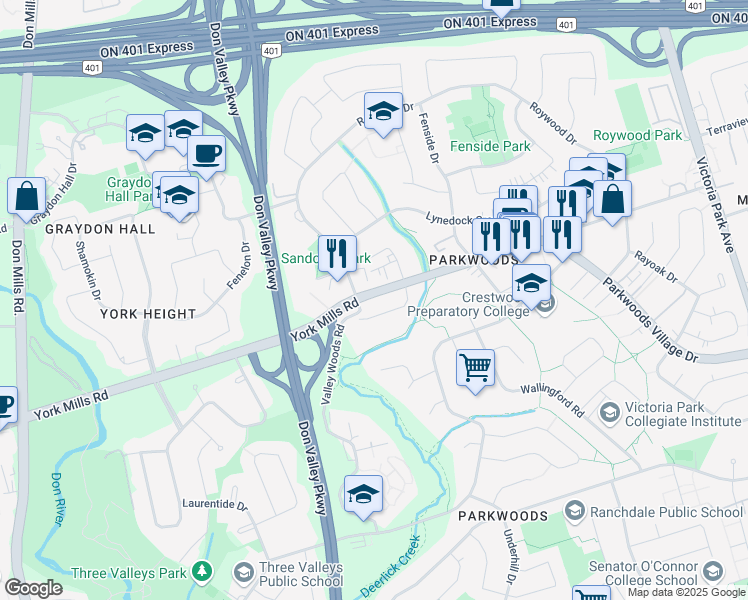 map of restaurants, bars, coffee shops, grocery stores, and more near 1227 York Mills Road in Toronto