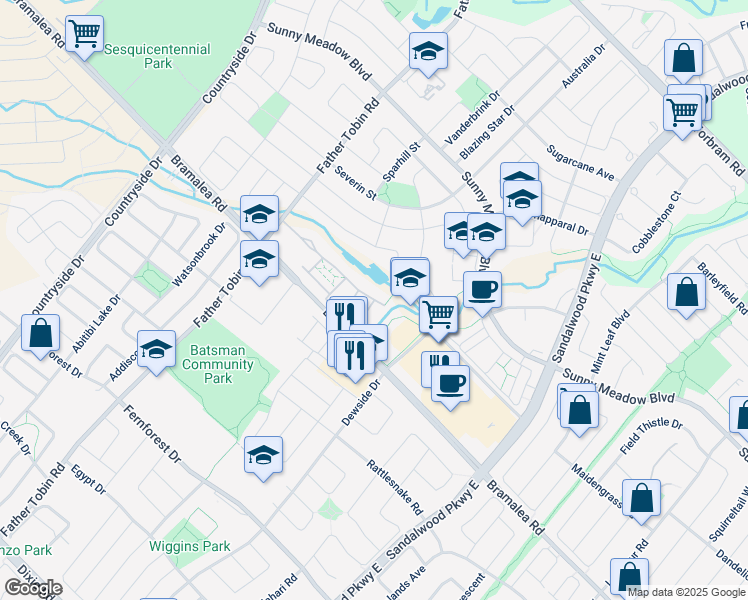 map of restaurants, bars, coffee shops, grocery stores, and more near Edgewater Drive in Brampton