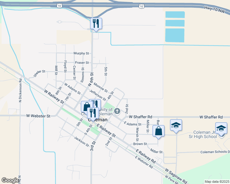 map of restaurants, bars, coffee shops, grocery stores, and more near 516 4th Street in Coleman