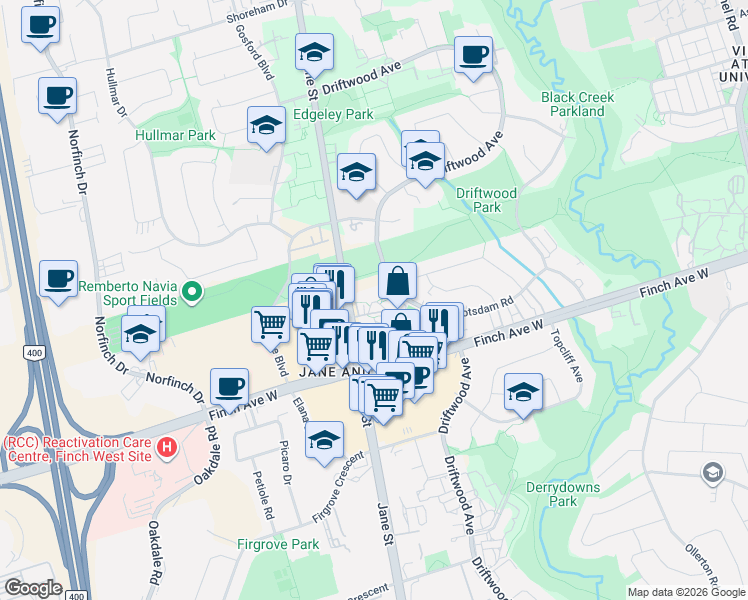 map of restaurants, bars, coffee shops, grocery stores, and more near 25 San Romanoway in Toronto