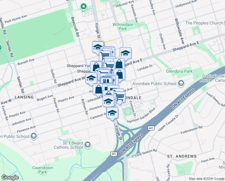 map of restaurants, bars, coffee shops, grocery stores, and more near 4711 Yonge Street in Toronto