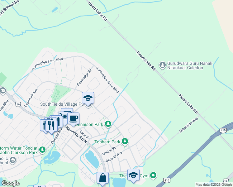 map of restaurants, bars, coffee shops, grocery stores, and more near 214 Bonnieglen Farm Boulevard in Regional Municipality of Peel