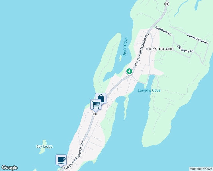 map of restaurants, bars, coffee shops, grocery stores, and more near 18 Leeman Road in Harpswell