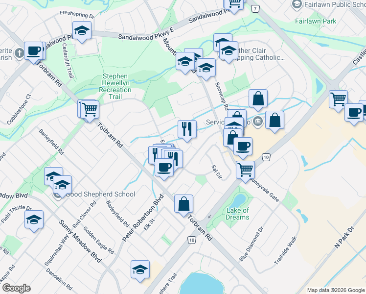 map of restaurants, bars, coffee shops, grocery stores, and more near 44 Bighorn Crescent in Brampton