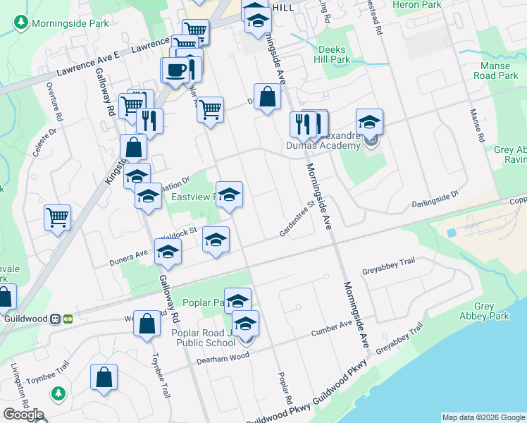 map of restaurants, bars, coffee shops, grocery stores, and more near 75A Kitchener Road in Toronto