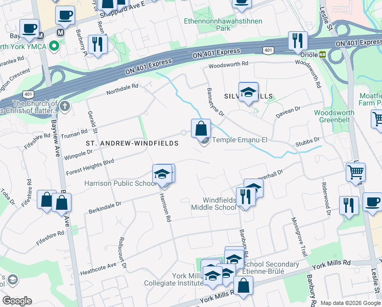 map of restaurants, bars, coffee shops, grocery stores, and more near in Toronto