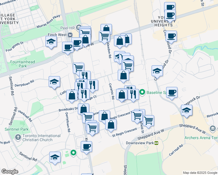 map of restaurants, bars, coffee shops, grocery stores, and more near in Toronto