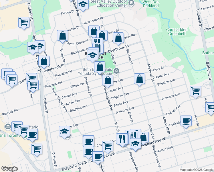 map of restaurants, bars, coffee shops, grocery stores, and more near 141 Wilmington Avenue in Toronto