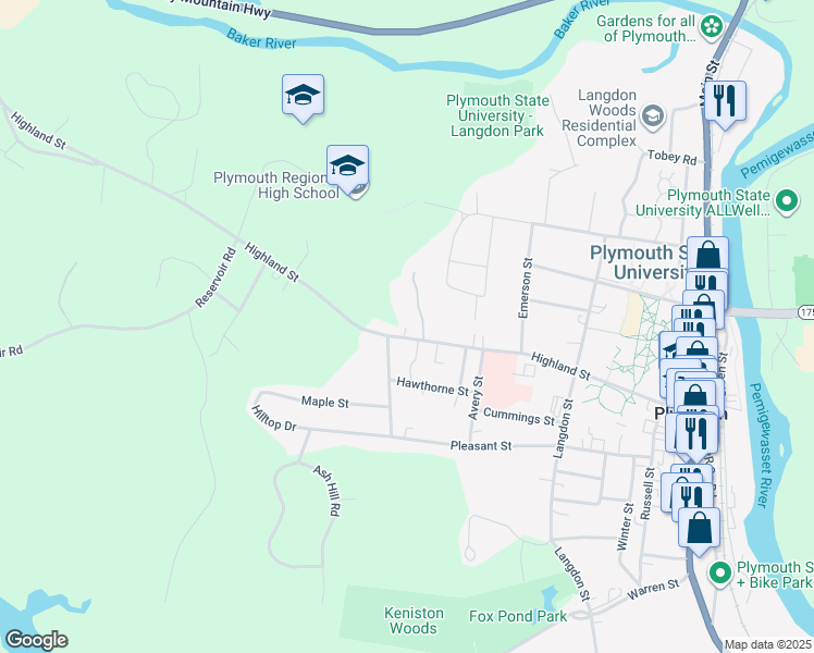 map of restaurants, bars, coffee shops, grocery stores, and more near 94 Highland Street in Plymouth