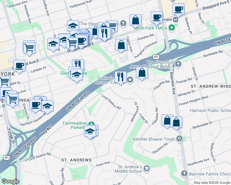 map of restaurants, bars, coffee shops, grocery stores, and more near 91 Montressor Drive in Toronto