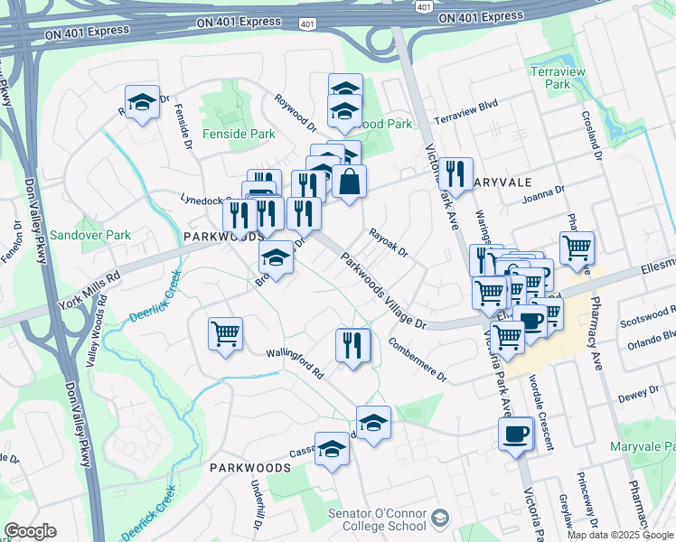 map of restaurants, bars, coffee shops, grocery stores, and more near 66 Parkwoods Village Drive in Toronto