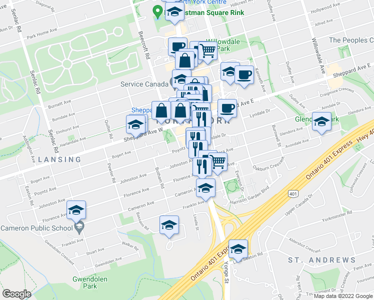 map of restaurants, bars, coffee shops, grocery stores, and more near 21 Poyntz Avenue in Toronto